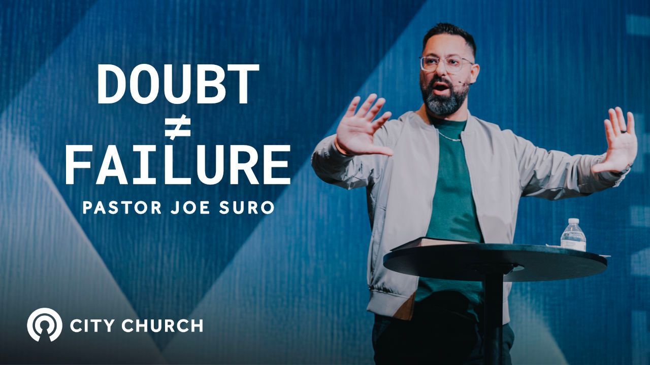 Pastor Eugene Smith preaching during the City Church message titled ‘Thankfulness Changes Everything’ with a blue illustrated background.