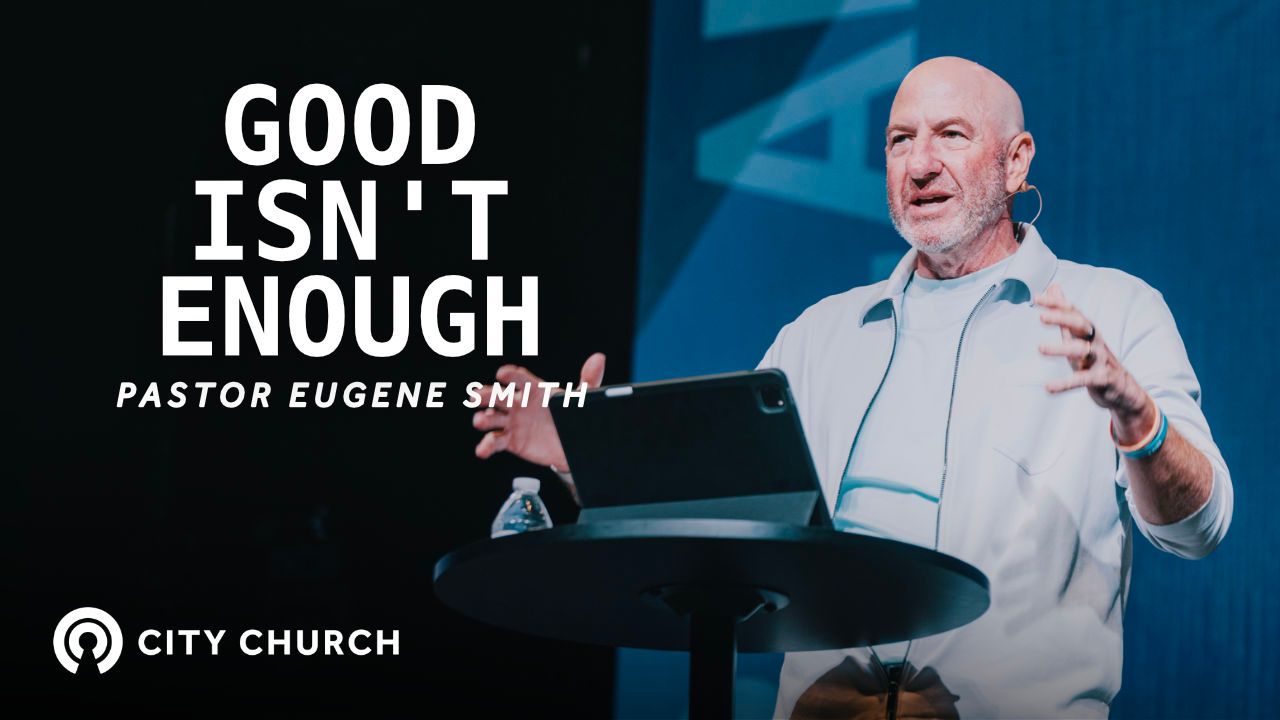 Pastor Eugene Smith preaching during the City Church message titled ‘Thankfulness Changes Everything’ with a blue illustrated background.