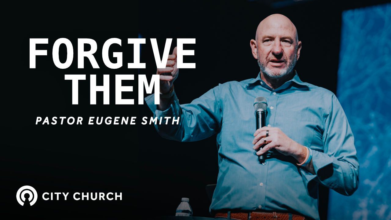 Pastor Eugene Smith preaching during the City Church message titled ‘Thankfulness Changes Everything’ with a blue illustrated background.