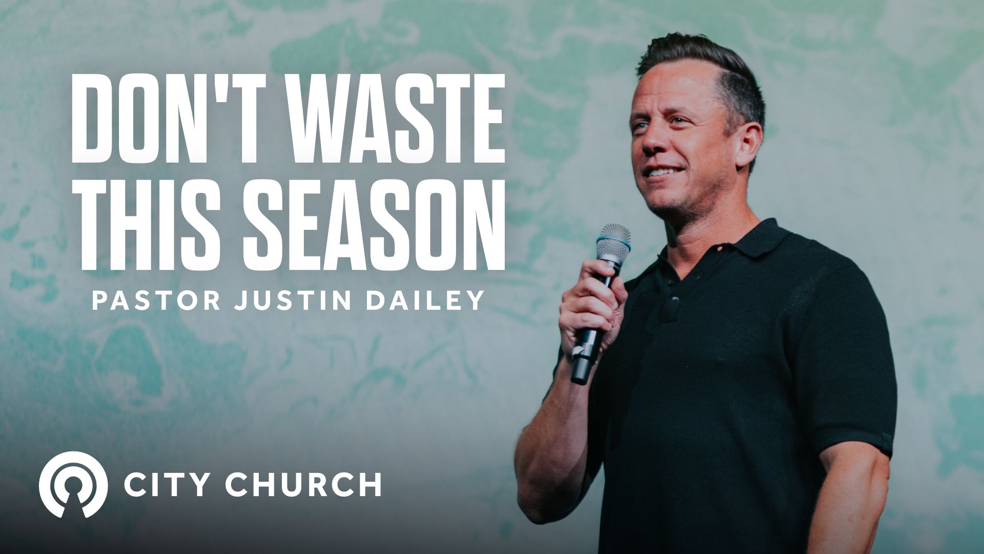 Pastor Justin Dailey preaching during the City Church message titled ‘Thankfulness Changes Everything’ with a blue illustrated background.