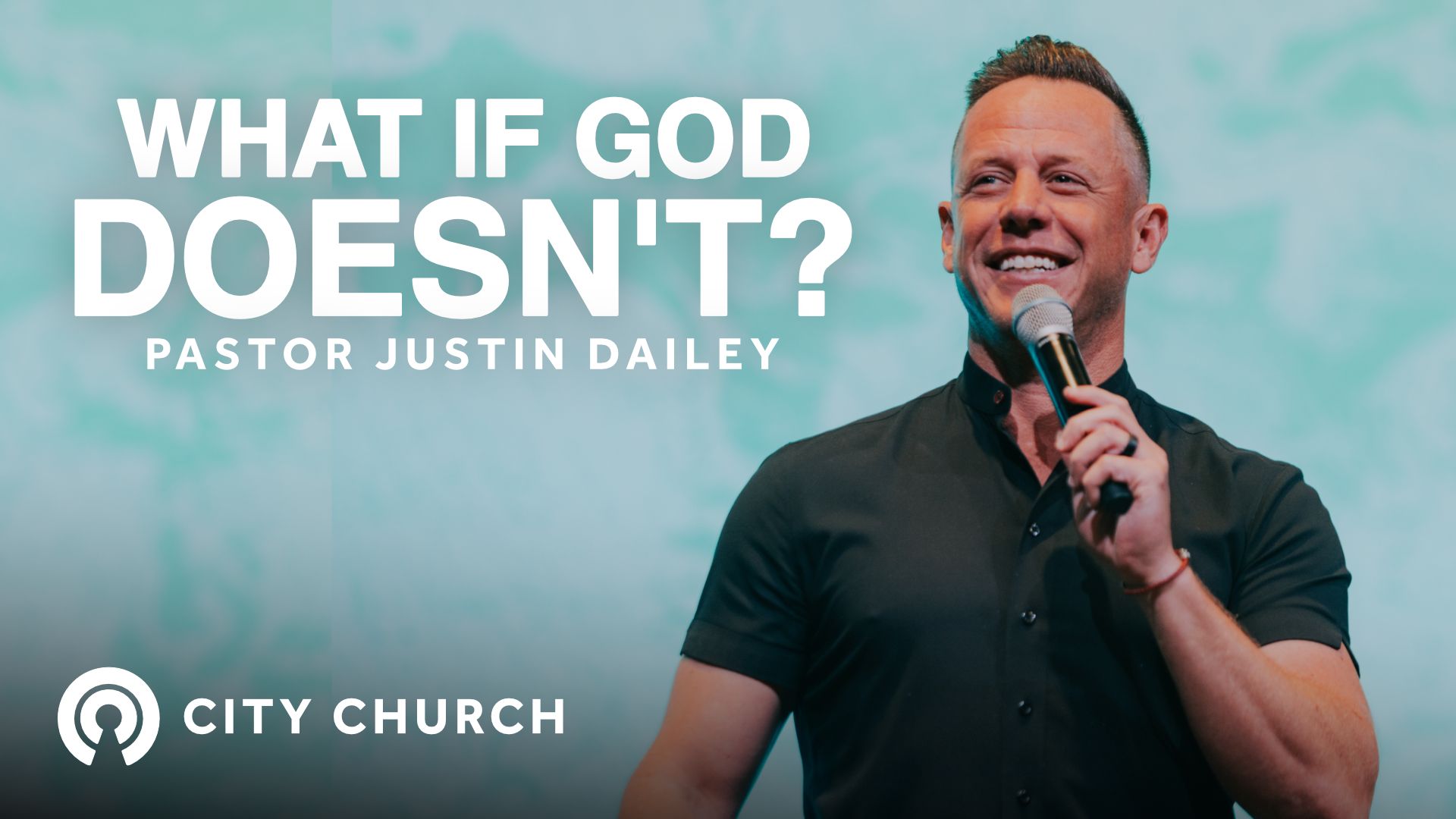 Pastor  preaching during the City Church message titled ‘Thankfulness Changes Everything’ with a blue illustrated background.