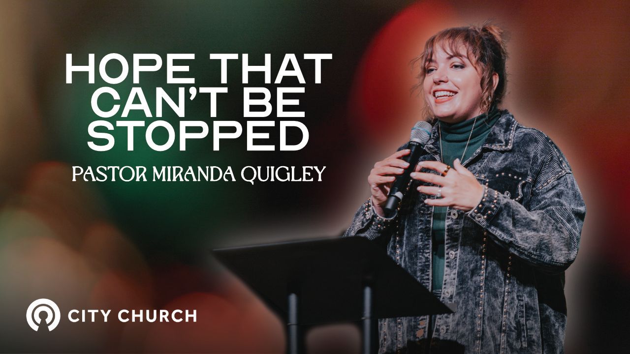 Pastor Eugene Smith preaching during the City Church message titled ‘Thankfulness Changes Everything’ with a blue illustrated background.