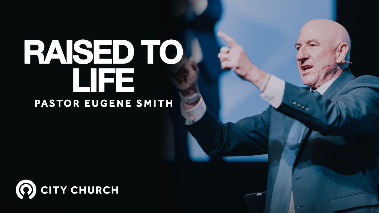 Pastor Eugene Smith preaching during the City Church message titled ‘Thankfulness Changes Everything’ with a blue illustrated background.