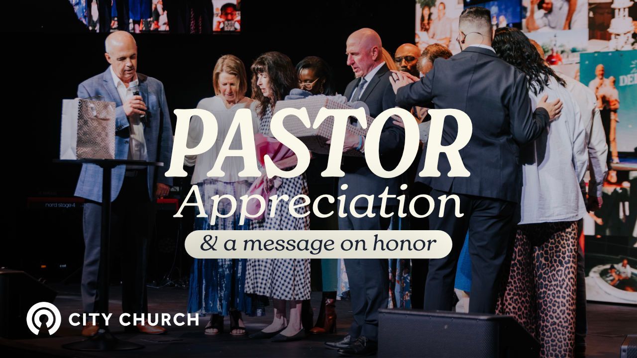 Pastor Eugene Smith preaching during the City Church message titled ‘Thankfulness Changes Everything’ with a blue illustrated background.