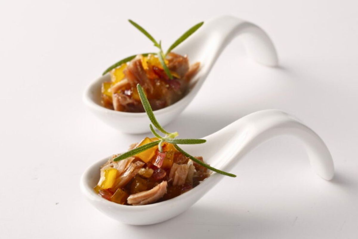 Duck confit, mango and onion bites