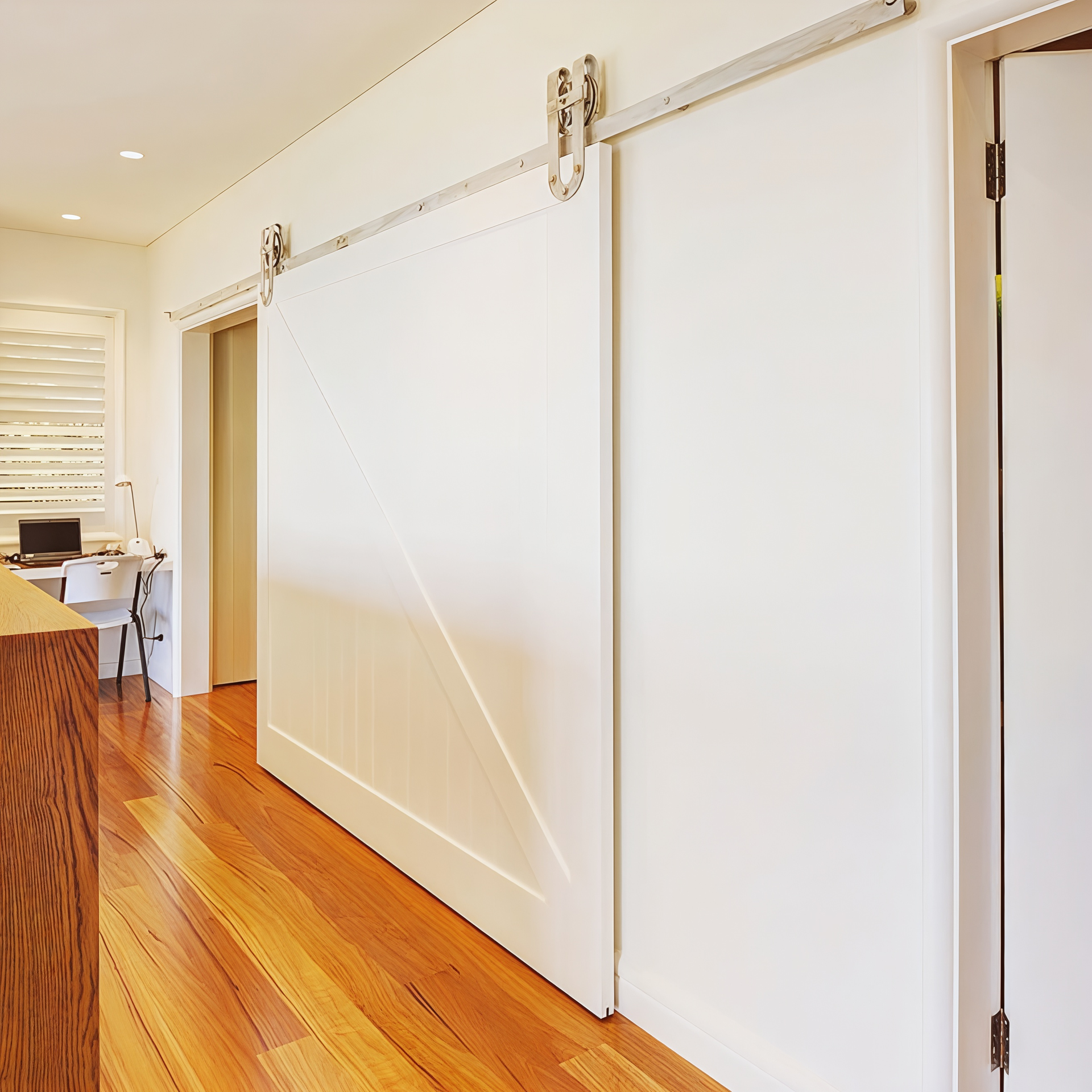 White Sliding Barn Door on A Track in A Bright Hallway with Wooden Floors — Fineworx Joinery in Sydney, NSW