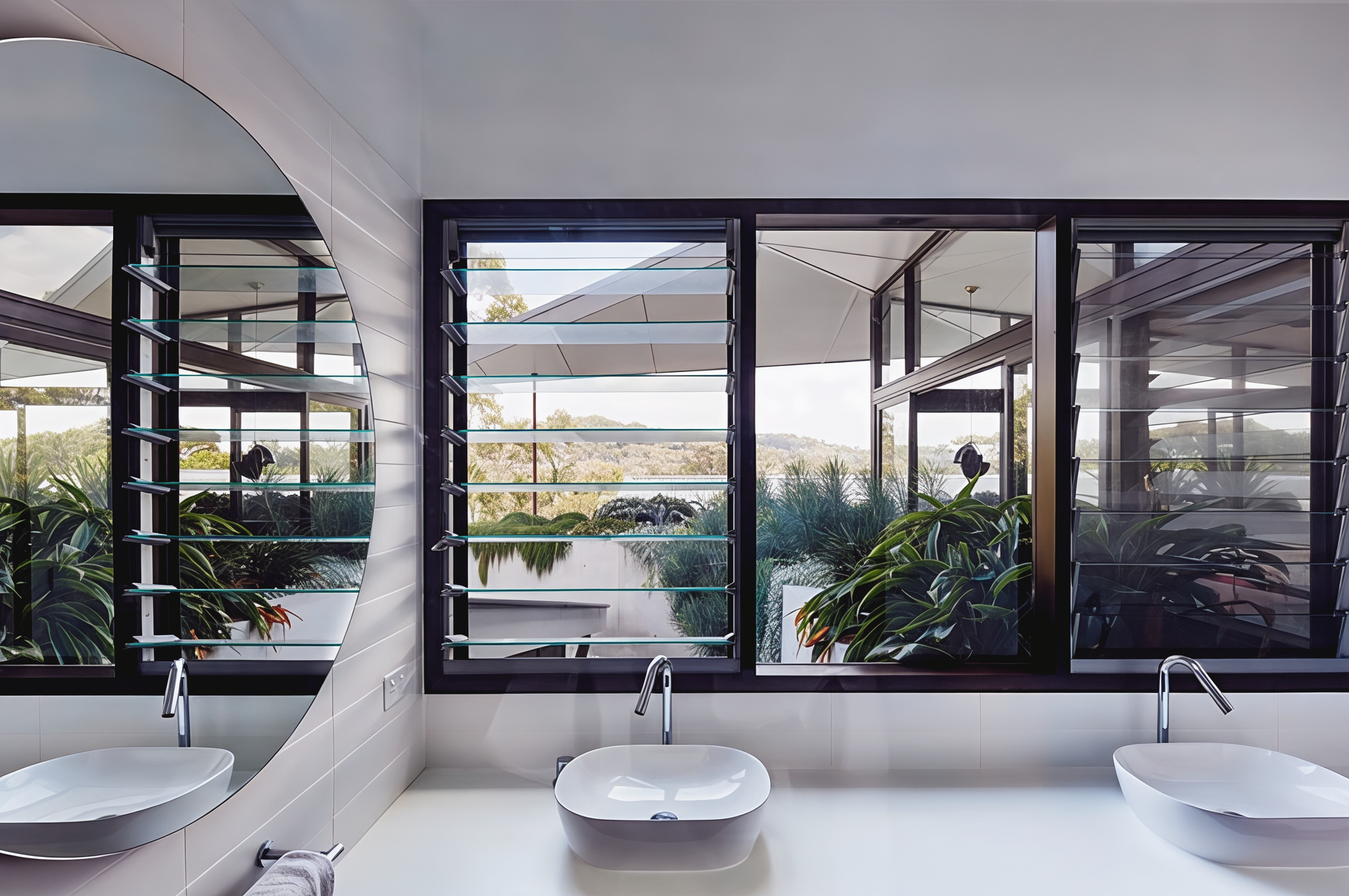 Modern bathroom with three white sinks, large black-framed windows, and a view of greenery outside — Fineworx Joinery in Warnervale, NSW