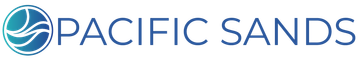 Pacific Sands logo with blue wave icon and gray text on white background