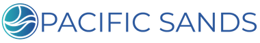 Pacific Sands logo in blue with circular wave icon on a white background