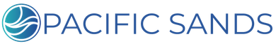 Pacific Sands logo in blue with circular wave icon on a white background
