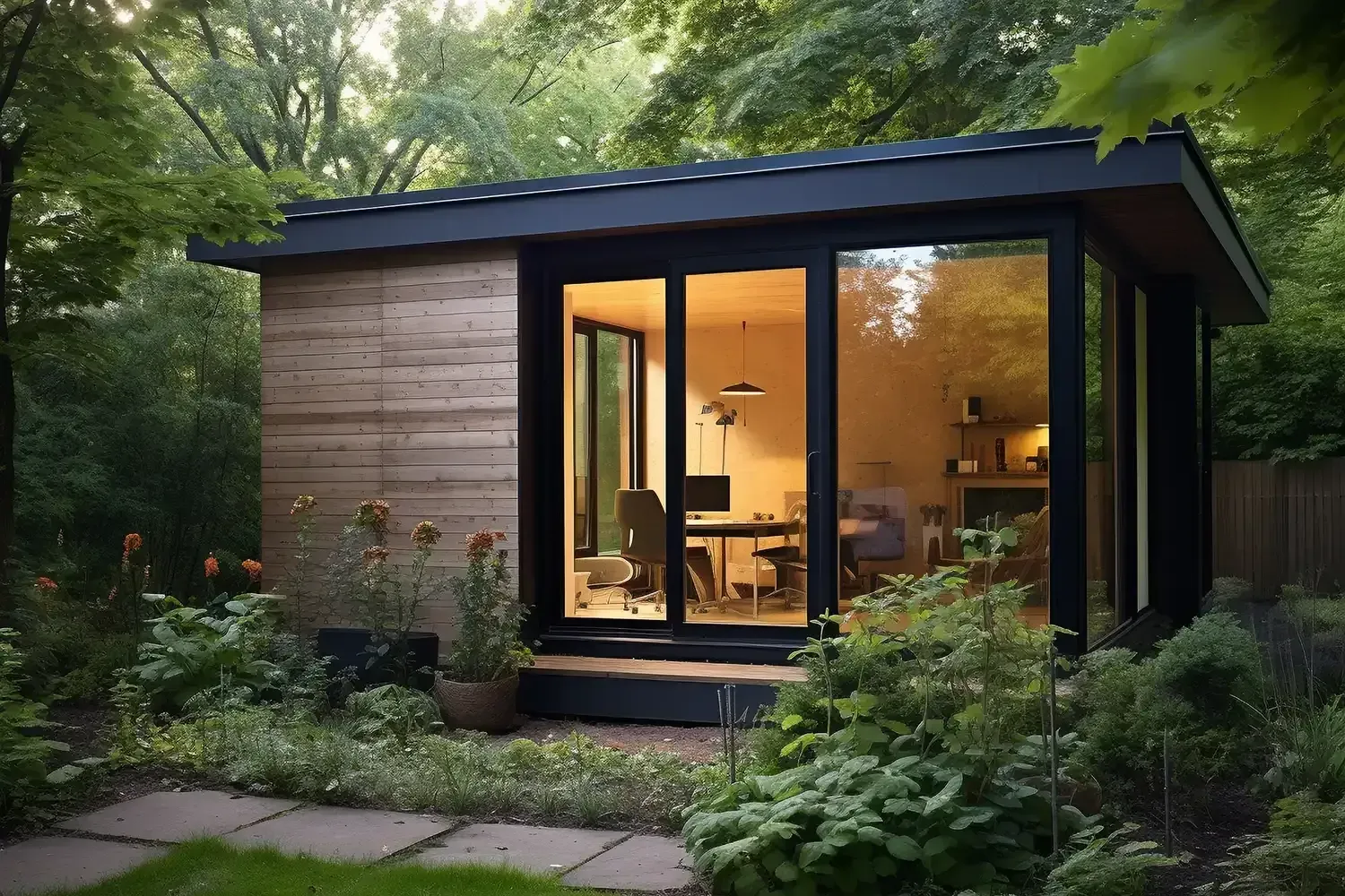 A small house with a desk and chairs inside of it