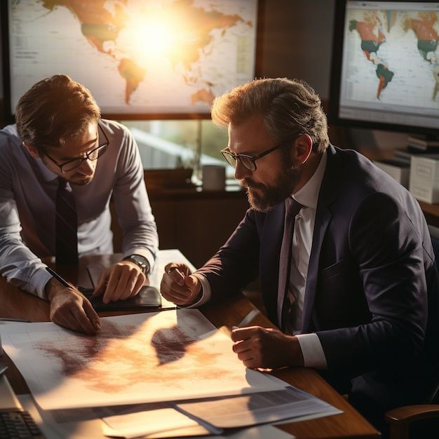 Two men work over plans at a table. They wear suits and ties and look very chic.