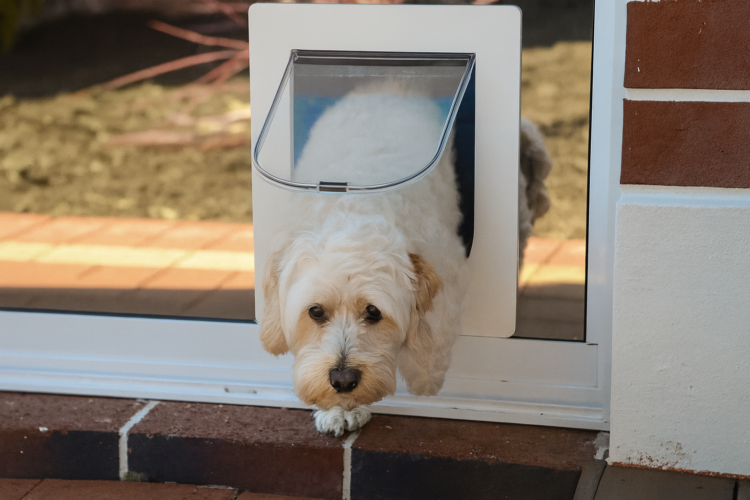 A Door With A Cat Door In It Is Open To A Backyard — Screen Factory In Billinudgel, NSW