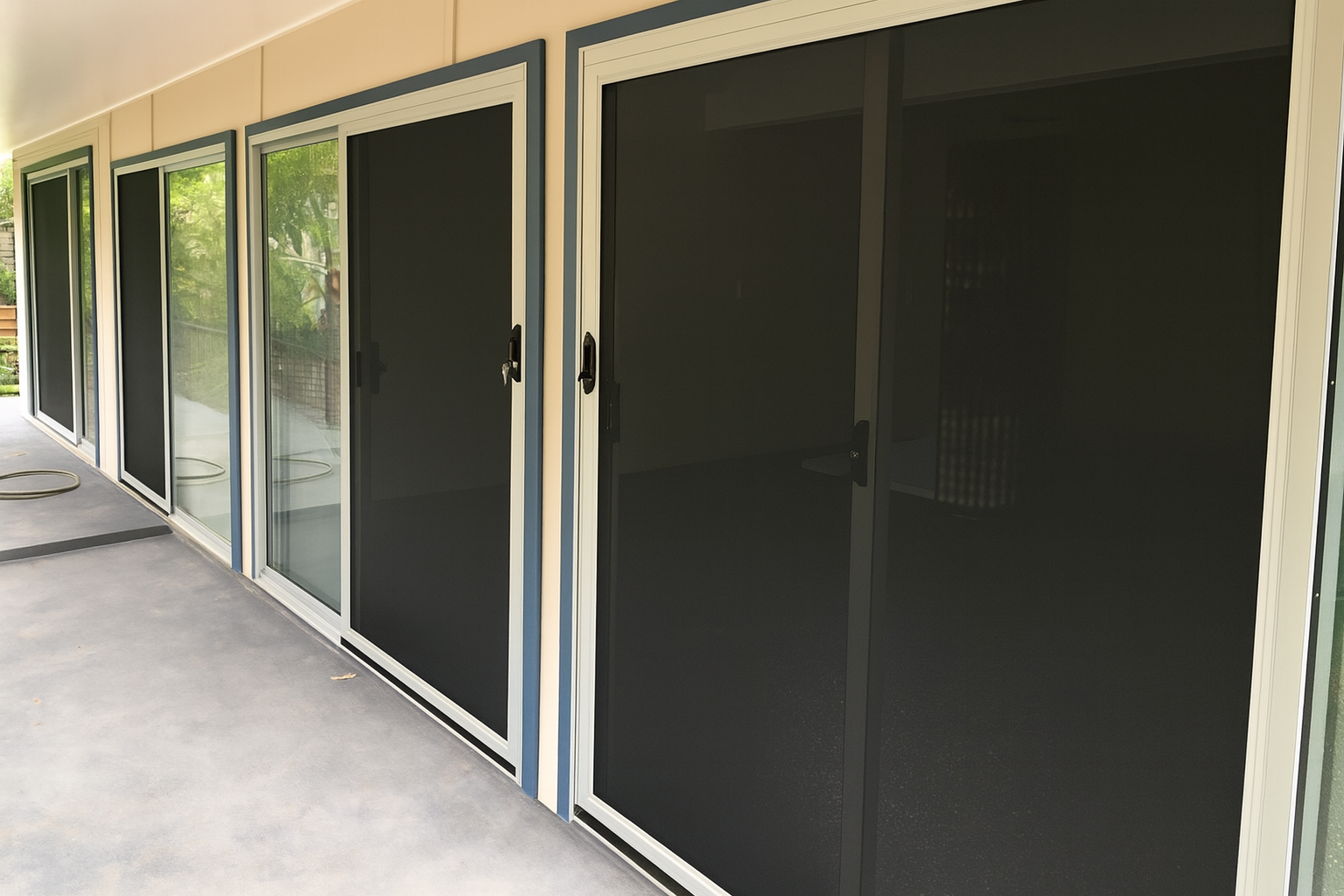 A Long Hallway With Sliding Glass Doors Leading To A Patio — Screen Factory In Mullumbimby, NSW