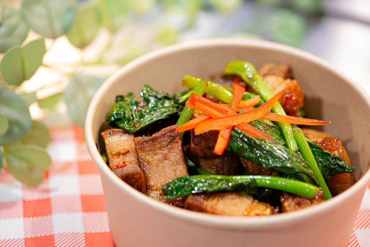 Crispy Pork Belly, Chinese Broccoli Stir Fried at La Ros Dee - Spanish & Thai Takeaway  in Civic, Canberra CBD