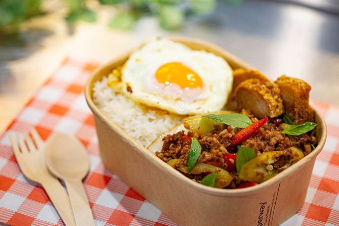 Pork Chilli Basil, Fried Egg and Rice at La Ros Dee - Spanish & Thai Takeaway  in Civic, Canberra CBD