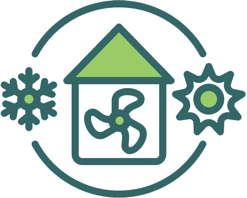 A house with a fan , snowflakes and a sun in a circle.