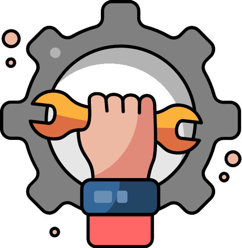 A hand is holding a wrench in front of a gear.