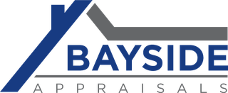 The logo for bayside appraisals is a blue and gray logo with a roof.