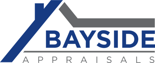 The logo for bayside appraisals is a blue and gray logo with a roof.