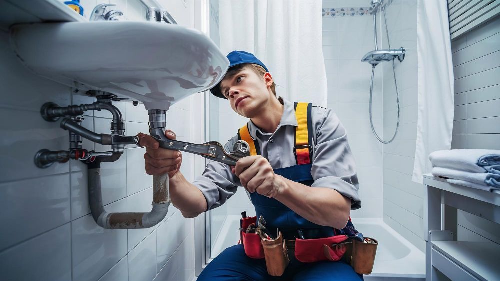 Plumber fixing pipes under a sink in a bathroom. He wears a hat and holds a wrench.