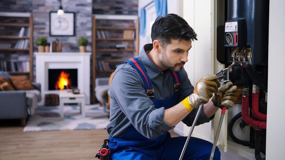 A repairman in overalls works on a heater in a living room with a fireplace.