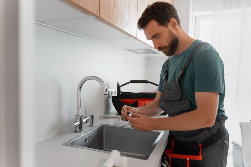Plumber working on a kitchen sink, examining pipe fittings. Tool bag and sink visible.