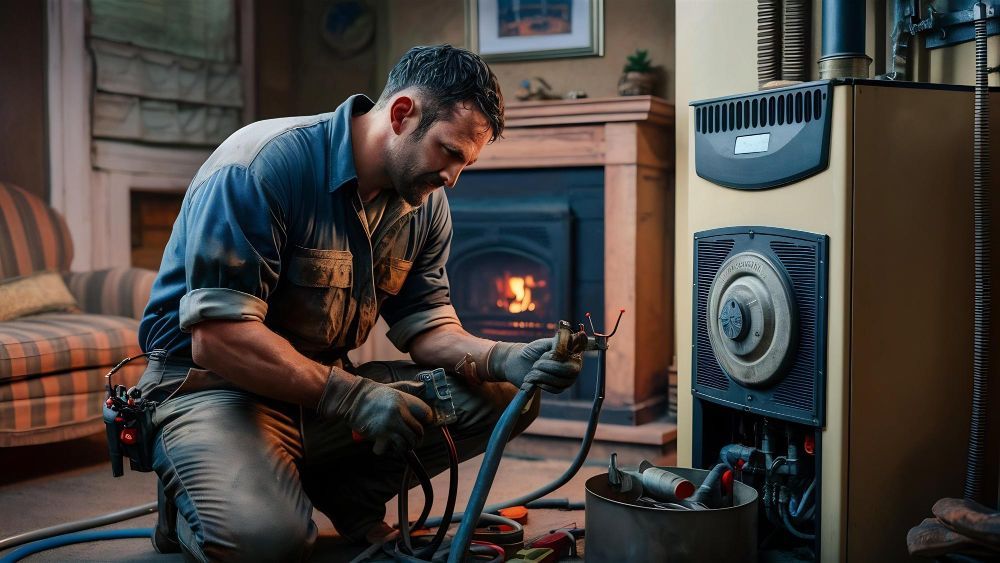 Man kneeling, working on heating system near fireplace. Wears gloves, blue shirt, jeans. Interior setting.