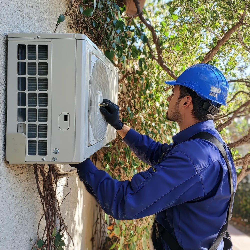 HVAC technician in blue uniform and hard hat, working on an outdoor air conditioning unit on a textured wall with green foliage.