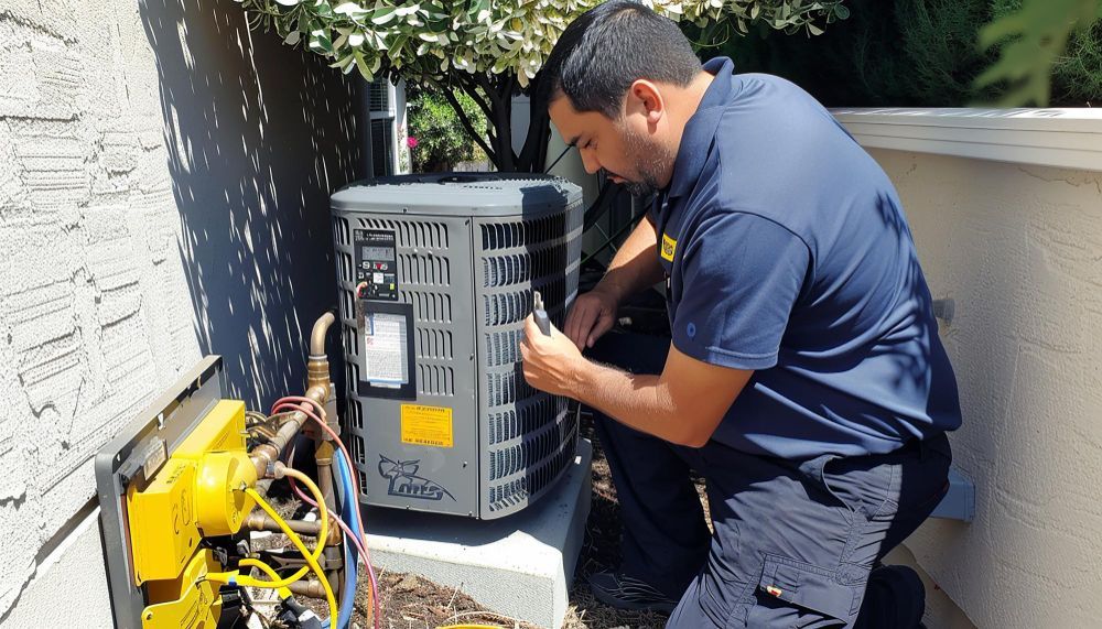 HVAC technician kneels, working on an air conditioner unit outdoors, adjusting components.