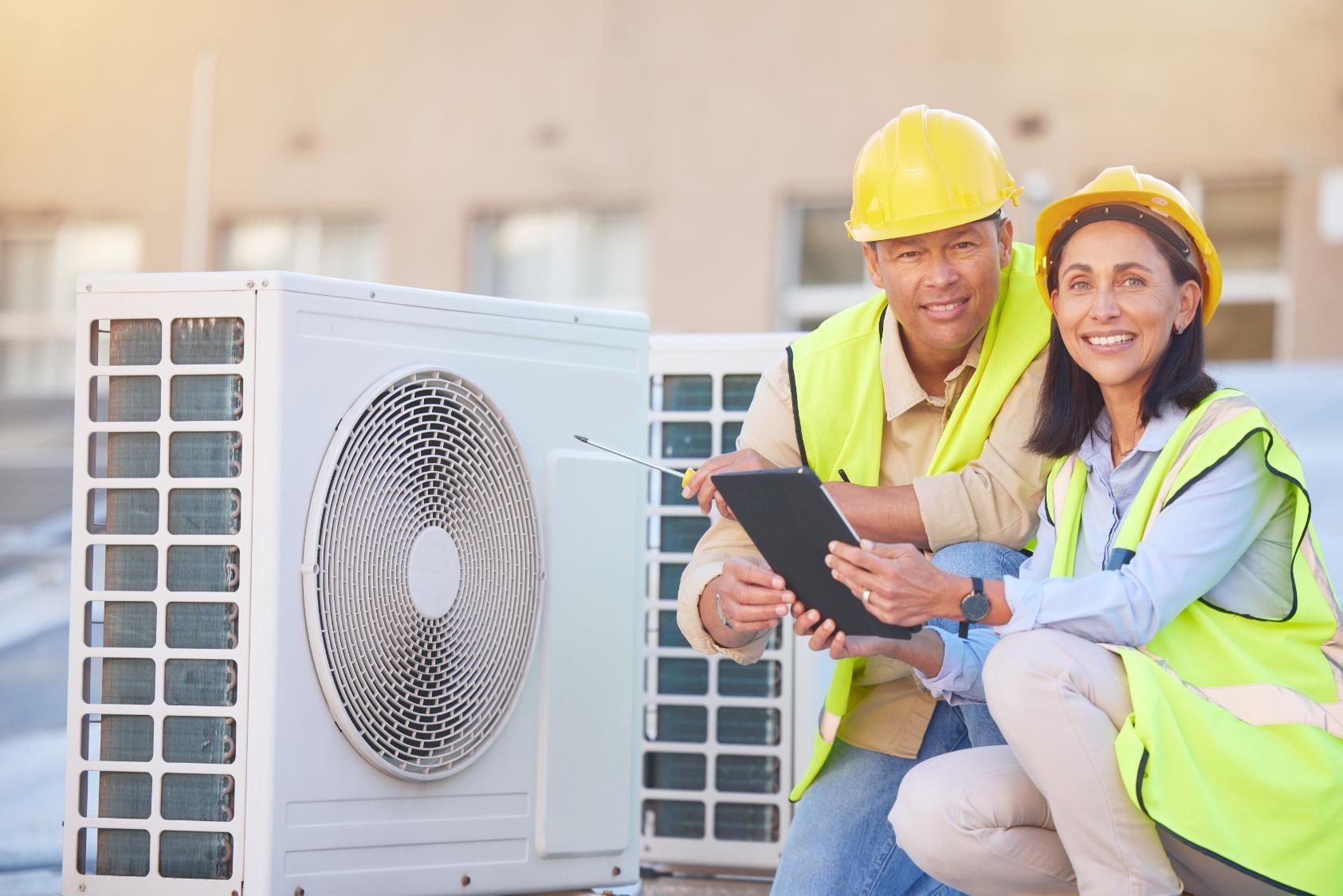Two HVAC technicians reviewing a tablet near rooftop air conditioning units.