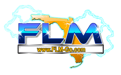 FLM logo, blue text with silver border over a gold outline of Florida, website address: www.FLM-Go.com, blue lightning.