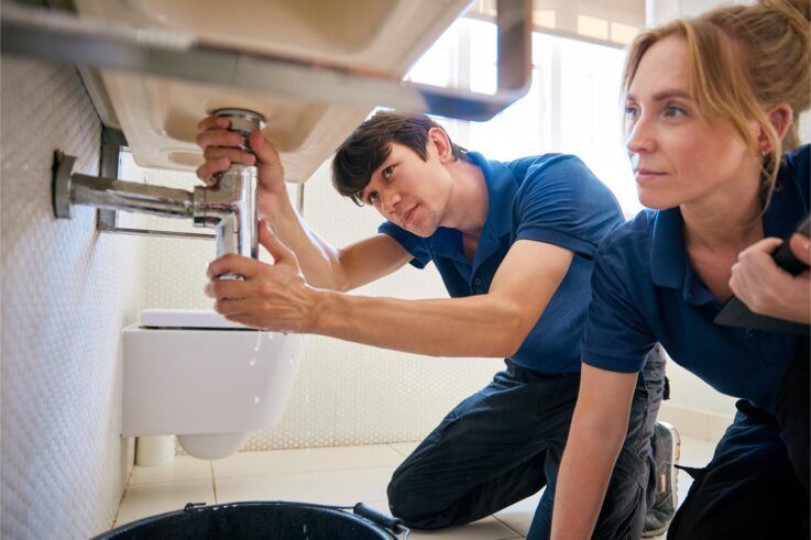 Two plumbers fixing a sink, one kneeling, holding a pipe, and the other observing. Bathroom setting.