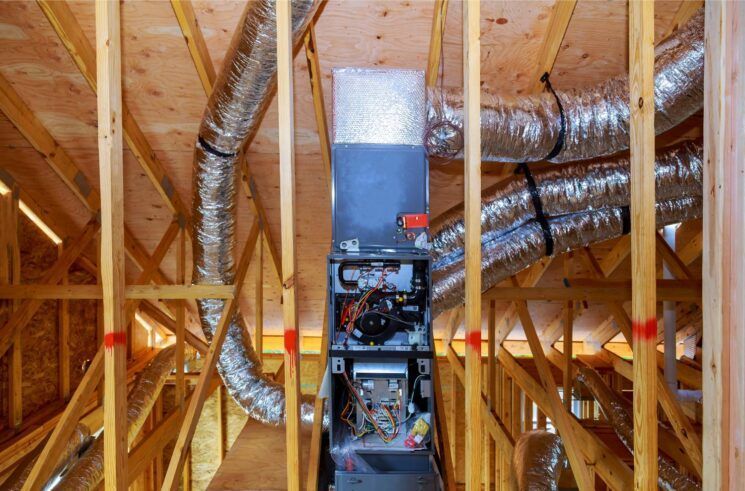HVAC unit and ductwork in an unfinished attic with wooden framing and reflective air ducts.