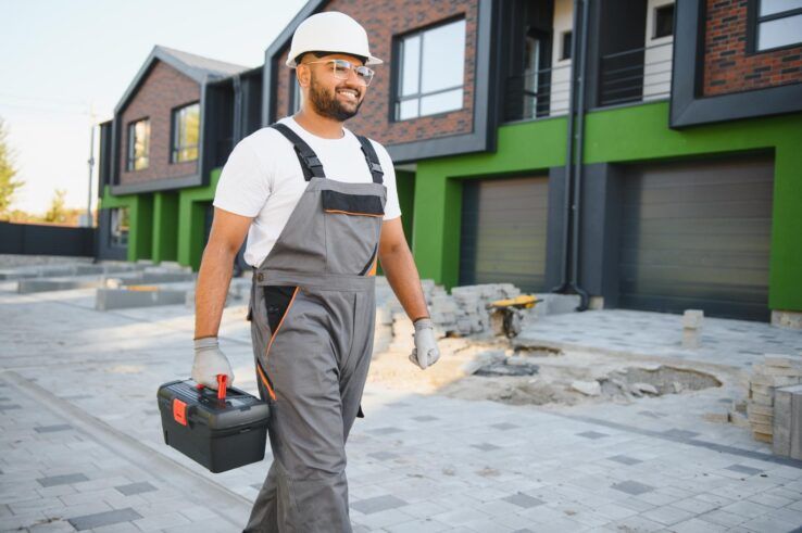 Construction worker with toolbox walking towards new townhomes.