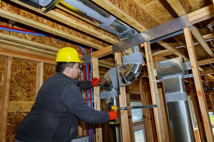 Construction worker in a yellow hard hat installing ductwork in a building. Wooden frame, silver ducts, red gloves.