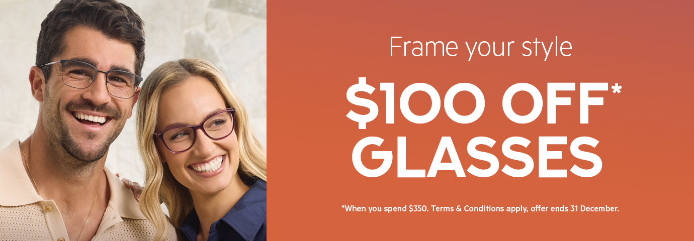 A smiling man and woman wearing glasses, with a promotional graphic for $100 off glasses.