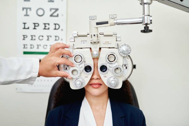 Patient undergoing an eye exam with an optometrist