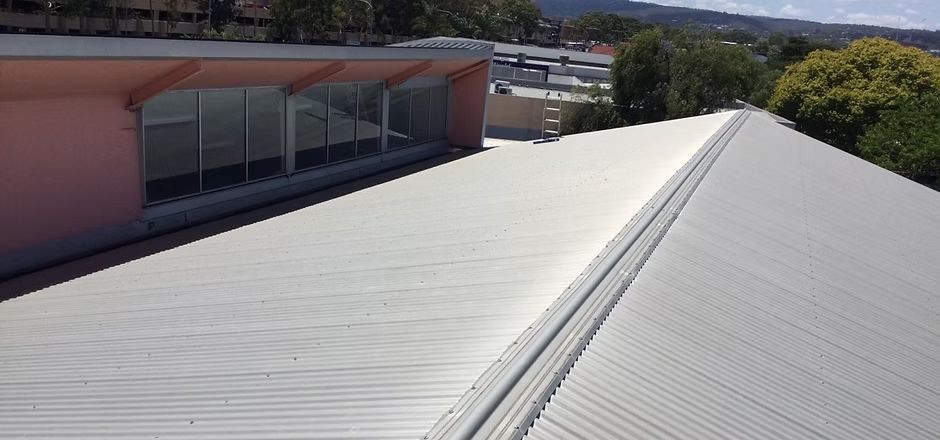 High-angle view of a corrugated metal roof with a pink-walled clerestory window section and trees in the background.