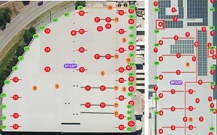 Aerial view of two building roof plans with color-coded markers for points of interest, equipment, or access locations.