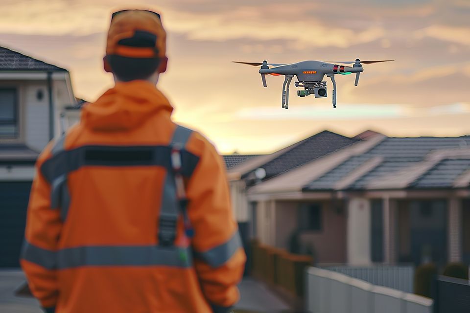 A person in an orange high-visibility jacket operating a drone over a suburban neighborhood at sunset.