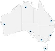 A simplified map of Australia showing state borders and seven dots marking major cities across the continent.