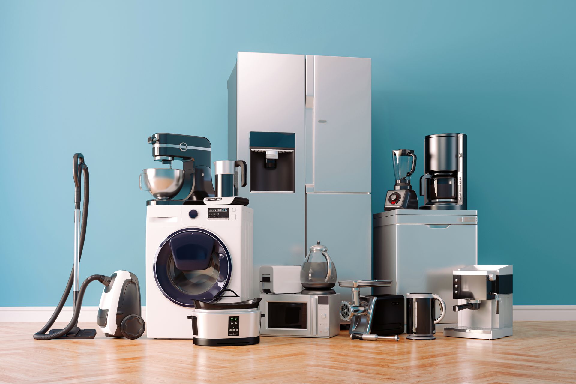 Assortment of modern home appliances against a blue wall: refrigerator, washer, vacuum, mixer, microwave, and coffee maker.