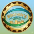Logo for Brown's Appliance Repair Service. Gold cogwheel frame around text and appliance illustrations.