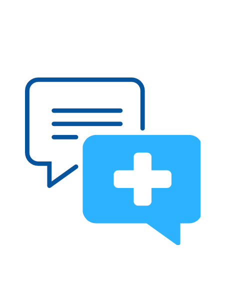 A blue icon of a person sitting on a table with a plus sign.