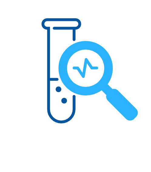 An icon of a test tube with a magnifying glass and a heartbeat.
