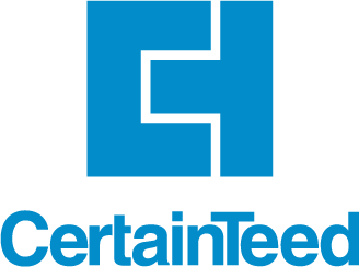 A blue and white logo for certainteed on a white background