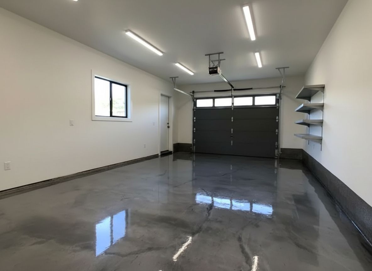 Empty, light-filled workshop or warehouse. Shiny gray floor, white walls and ceiling. Fluorescent lights reflect.