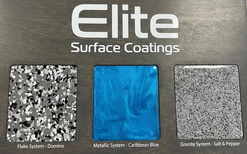 Domino floor coating sample with black, white, and gray flecks, shown in application images.