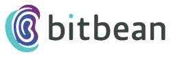 A logo for a company called bitbean with a blue and purple swirl.